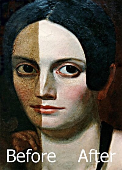 Demonstrates a before and after conservation/restoration treatment.